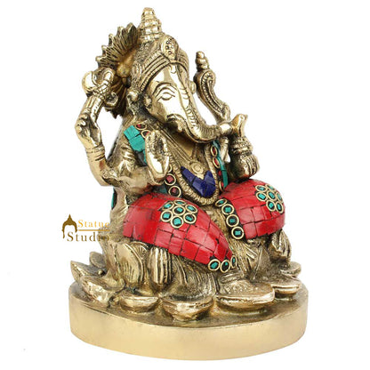 Hindu God Ganpatiji Ganeshji Sitting Lotus Base Inlay Décor Lucky Gift Statue 6" by vendor-unknown - Hindu Gods (View 3)