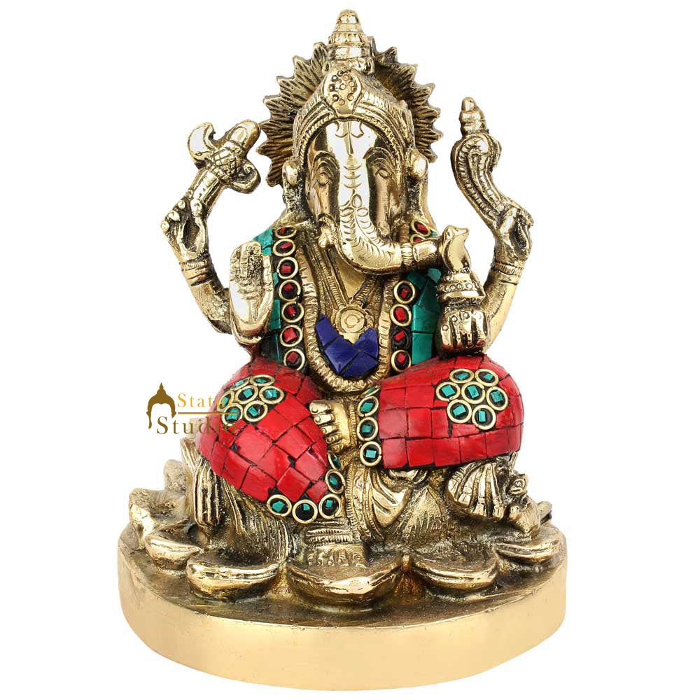 Hindu God Ganpatiji Ganeshji Sitting Lotus Base Inlay Décor Lucky Gift Statue 6" - Image 2