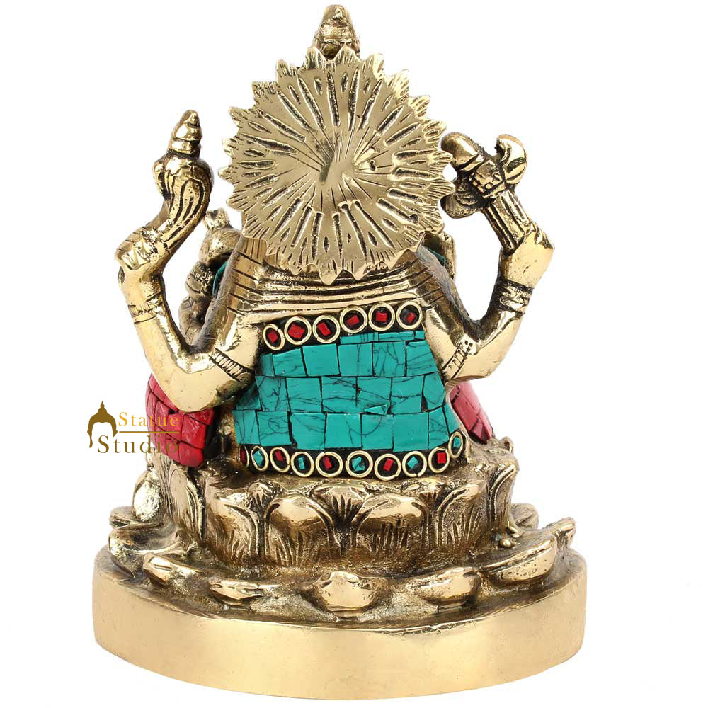 Hindu God Ganpatiji Ganeshji Sitting Lotus Base Inlay Décor Lucky Gift Statue 6" - Image 4