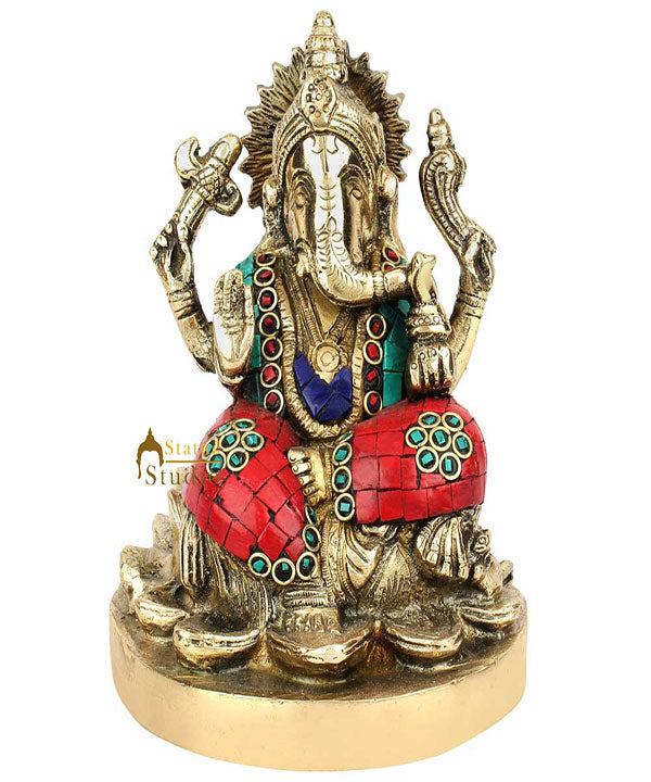 Hindu God Ganpatiji Ganeshji Sitting Lotus Base Inlay Décor Lucky Gift Statue 6" - Eco-friendly - Sama Homes