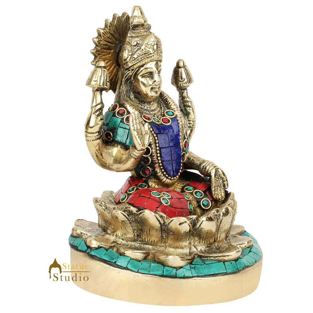 Hindu Goddess Wealth Laxmi Lakshmi Lotus Base Inlay Décor Lucky Gift Statue 6"