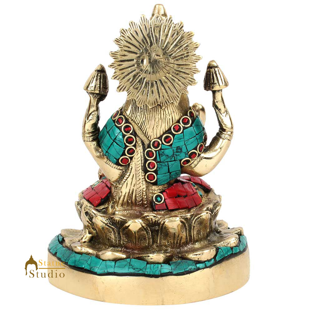 Hindu Goddess Wealth Laxmi Lakshmi Lotus Base Inlay Décor Lucky Gift Statue 6"