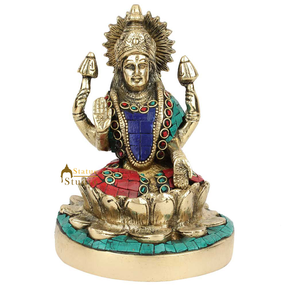 Hindu Goddess Wealth Laxmi Lakshmi Lotus Base Inlay Décor Lucky Gift Statue 6"