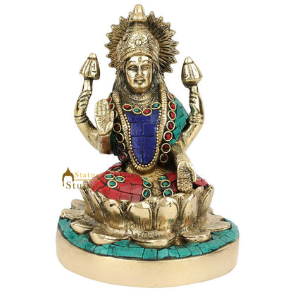 Hindu Goddess Wealth Laxmi Lakshmi Lotus Base Inlay Décor Lucky Gift Statue 6" by vendor-unknown - Hindu Gods