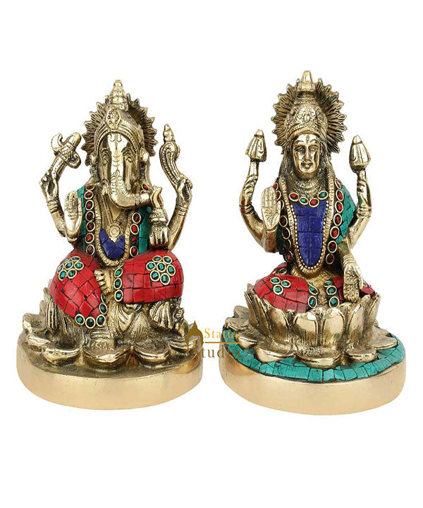 Handcrafted Turquoise Coral Inlay Ganesh Laxmi Wedding Diwali Gift Statue 6"