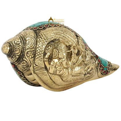 Handcrafted Brass Turquoise Coral Ganesha Engraved Coonch Shankh Showpiece 4" by vendor-unknown - Spiritual (View 3)