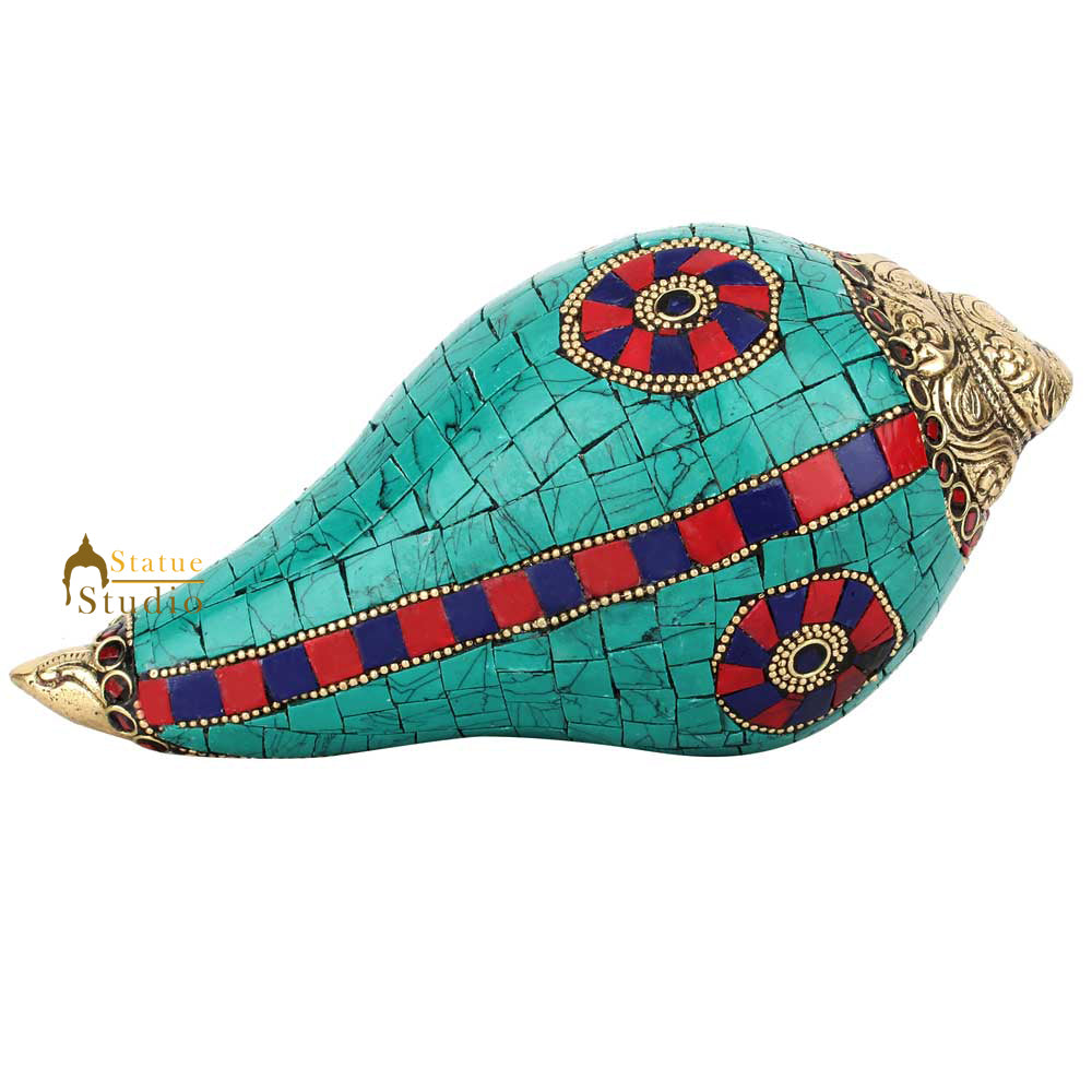 Handcrafted Brass Turquoise Coral Ganesha Engraved Coonch Shankh Showpiece 4" - Image 4