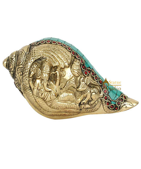 Handcrafted Brass Turquoise Coral Ganesha Engraved Coonch Shankh Showpiece 4" - Eco-friendly - Sama Homes