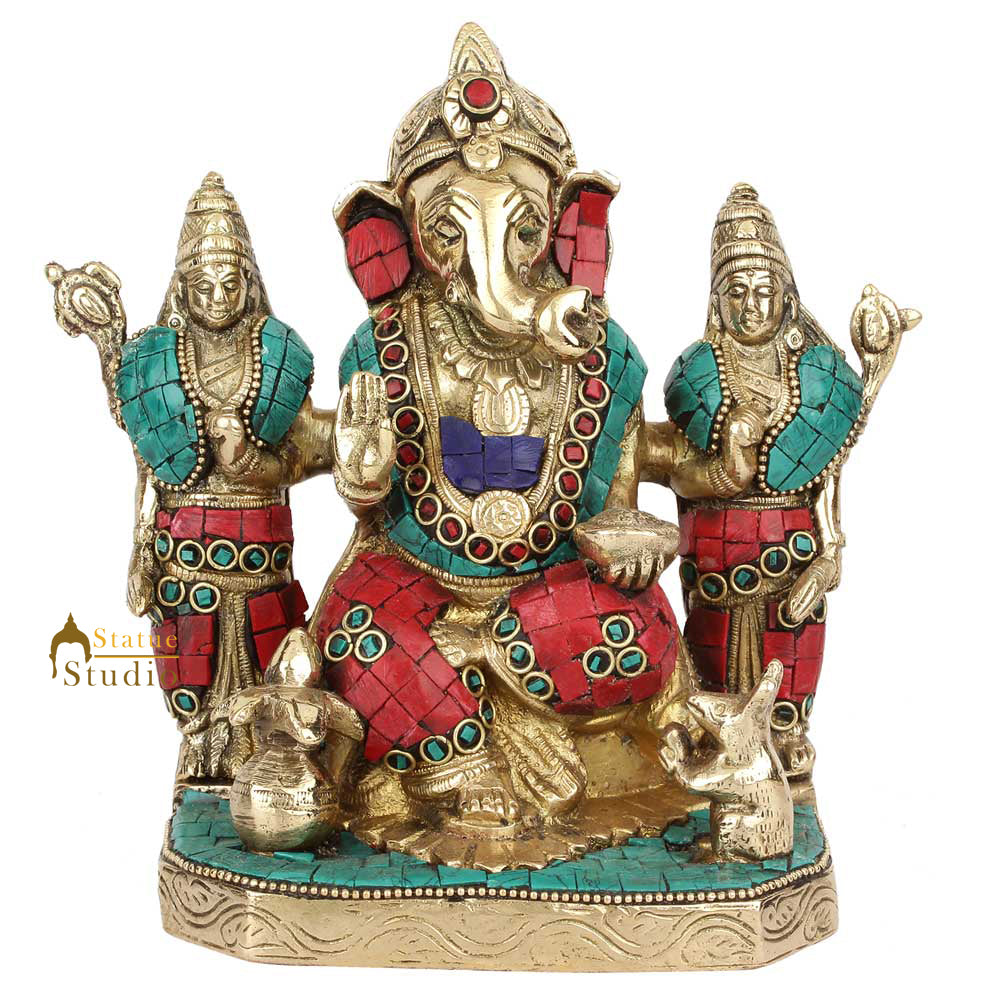 Rare Vintage Nepali Art Inlay Lord Ganesha Family Idol Statue Showpiece 7" - Image 2