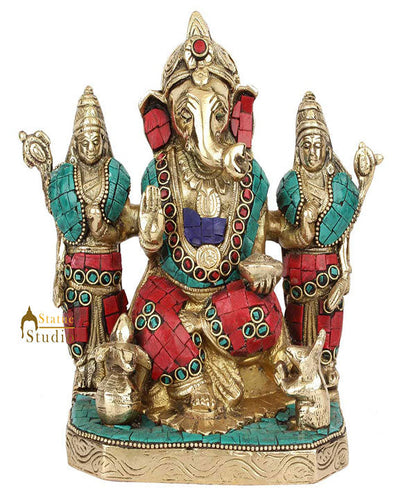 Rare Vintage Nepali Art Inlay Lord Ganesha Family Idol Statue Showpiece 7" by vendor-unknown - Hindu Gods