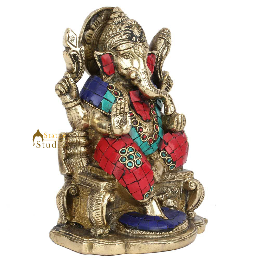 Hindu Sitting Ganesh Ganpati Colorful Inlay Murti Lucky Décor Gift Statue 7" - Image 3