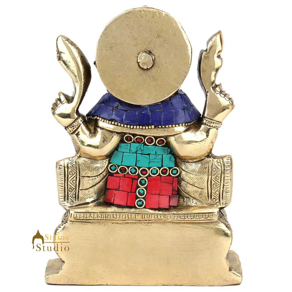 Hindu Sitting Ganesh Ganpati Colorful Inlay Murti Lucky Décor Gift Statue 7" - Image 4
