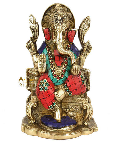 Hindu Sitting Ganesh Ganpati Colorful Inlay Murti Lucky Décor Gift Statue 7" by vendor-unknown - Hindu Gods