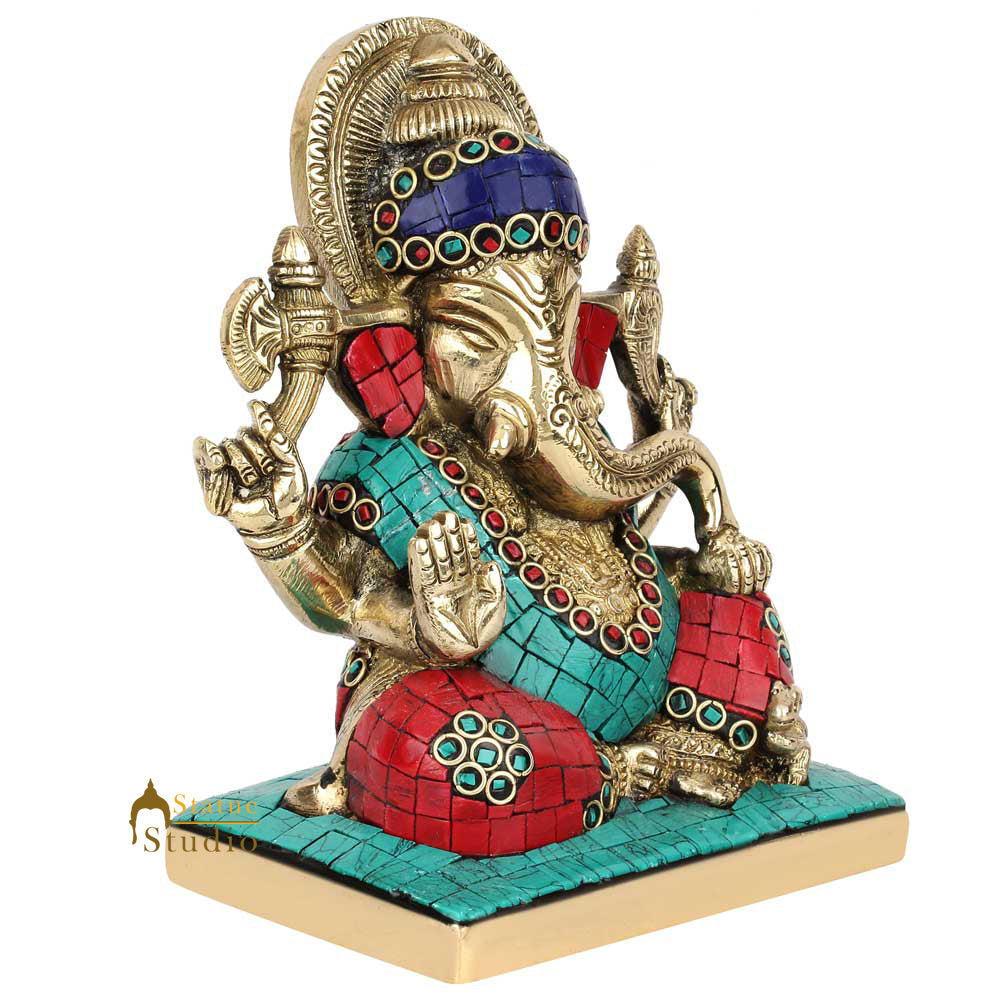 Sitting Ganpati Ganesha On Base Murti Turquoise Coral Inlay Décor Gift Statue 7"