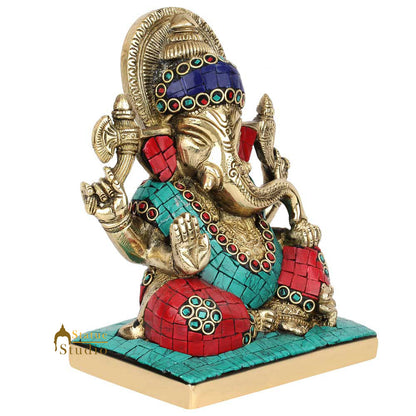 Sitting Ganpati Ganesha On Base Murti Turquoise Coral Inlay Décor Gift Statue 7" by vendor-unknown - Hindu Gods (View 3)