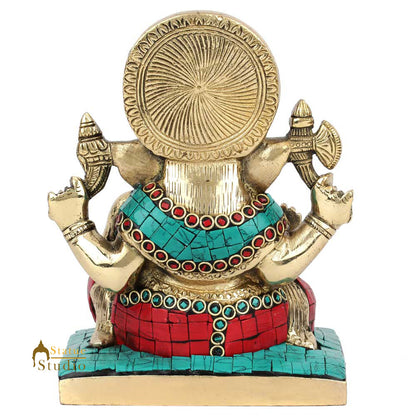 Sitting Ganpati Ganesha On Base Murti Turquoise Coral Inlay Décor Gift Statue 7" by vendor-unknown - Hindu Gods (View 4)