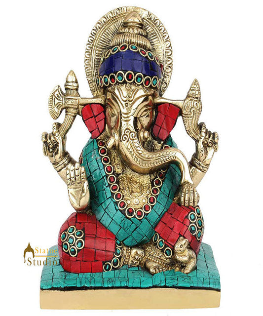 Sitting Ganpati Ganesha On Base Murti Turquoise Coral Inlay Décor Gift Statue 7"