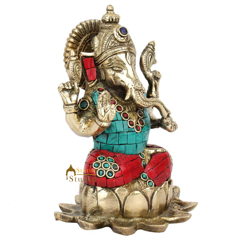 Hindu God Ganpati Ganeshji Sitting Lotus Base Inlay Décor Lucky Gift Statue 6.5" - Image 3