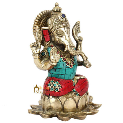 Hindu God Ganpati Ganeshji Sitting Lotus Base Inlay Décor Lucky Gift Statue 6.5" by vendor-unknown - Hindu Gods (View 3)