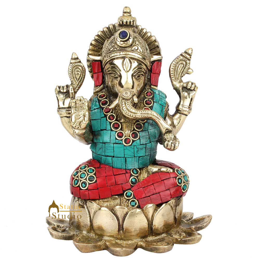Hindu God Ganpati Ganeshji Sitting Lotus Base Inlay Décor Lucky Gift Statue 6.5" - Image 2