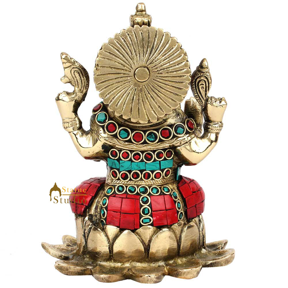 Hindu God Ganpati Ganeshji Sitting Lotus Base Inlay Décor Lucky Gift Statue 6.5" - Image 4