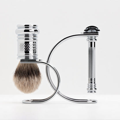 Merkur Shaving Set with MK-38001 Razor, Silver Tip Badger Brush and Curved 3-piece Stand, Chrome by Merkur - Gift Sets & Kits (View 4)