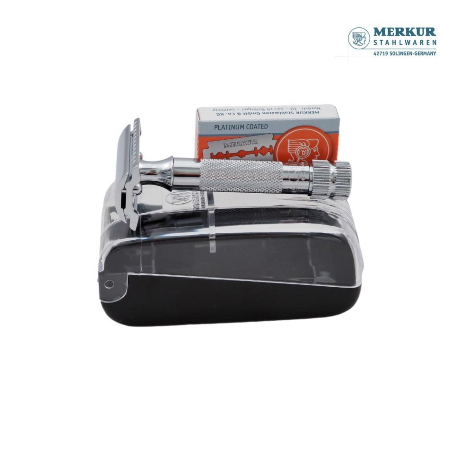 Merkur 34C 2-Piece DE Safety Razor, Closed Comb, Knurled Extra Thick Handle (HD), Chrome, in Hard Plastic Case with 10 Blades