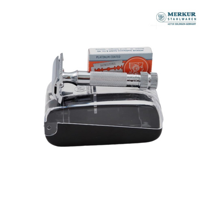 Merkur 34C 2-Piece DE Safety Razor, Closed Comb, Knurled Extra Thick Handle (HD), Chrome, in Hard Plastic Case with 10 Blades by Merkur - Gift Sets & Kits (View 4)