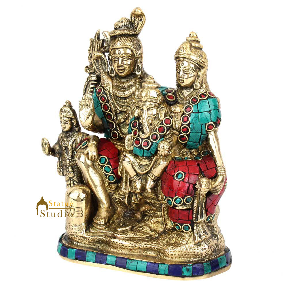 Brass Lord Shiva Family Statue Stone Work For Home Temple Decor 7" - Image 4
