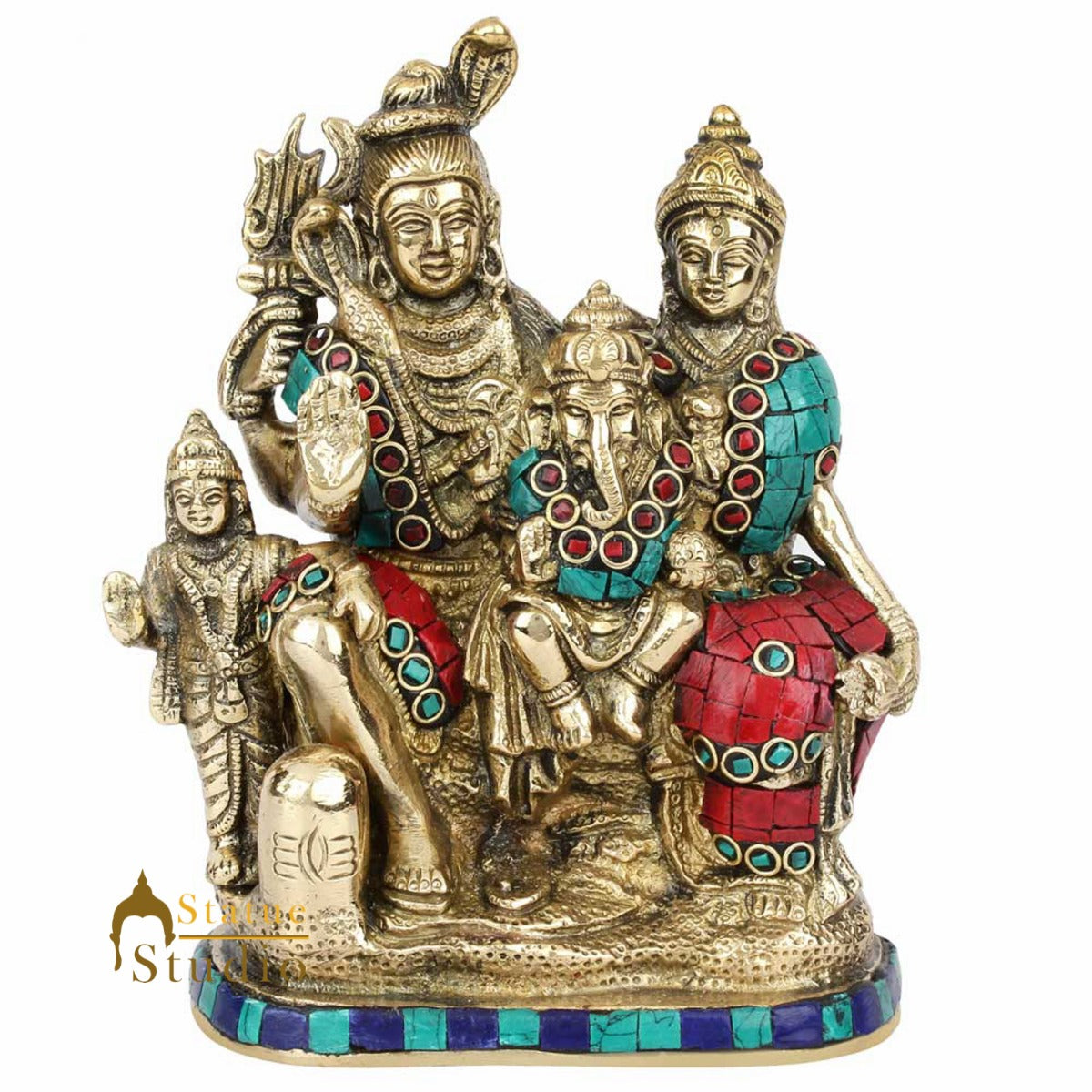 Brass Lord Shiva Family Statue Stone Work For Home Temple Decor 7" - Image 3