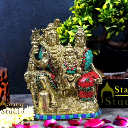 Brass Lord Shiva Family Statue Stone Work For Home Temple Decor 7"