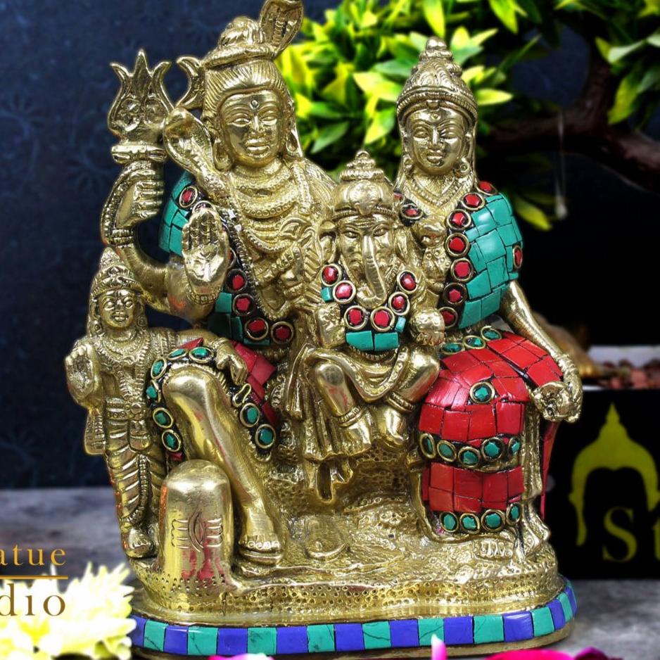 Brass Lord Shiva Family Statue Stone Work For Home Temple Decor 7" - Image 2