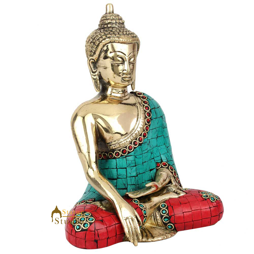 Tibet Buddhism Earth Touching Inlay Buddha Nepali Work Décor Gift Showpiece 8" - Image 3