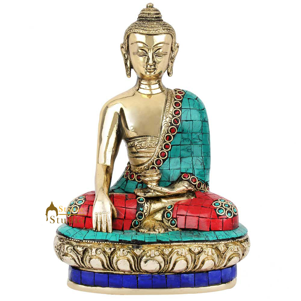 Earth Touching Shakyamuni Buddha Sitting On Base Inlay Décor Gift Showpiece 8" - Image 2