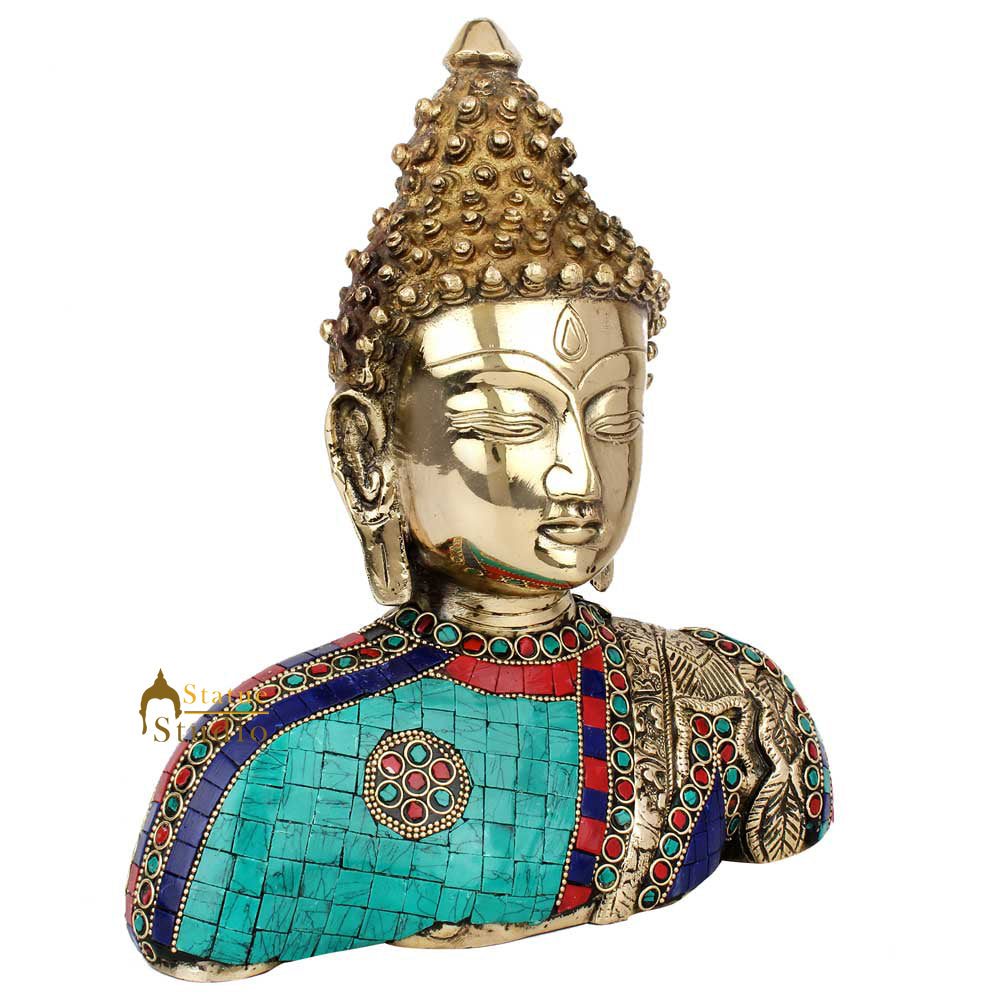 Indian Handmade Fine Inlay Lord Buddha Bust Idol Home Office Décor Statue 10"