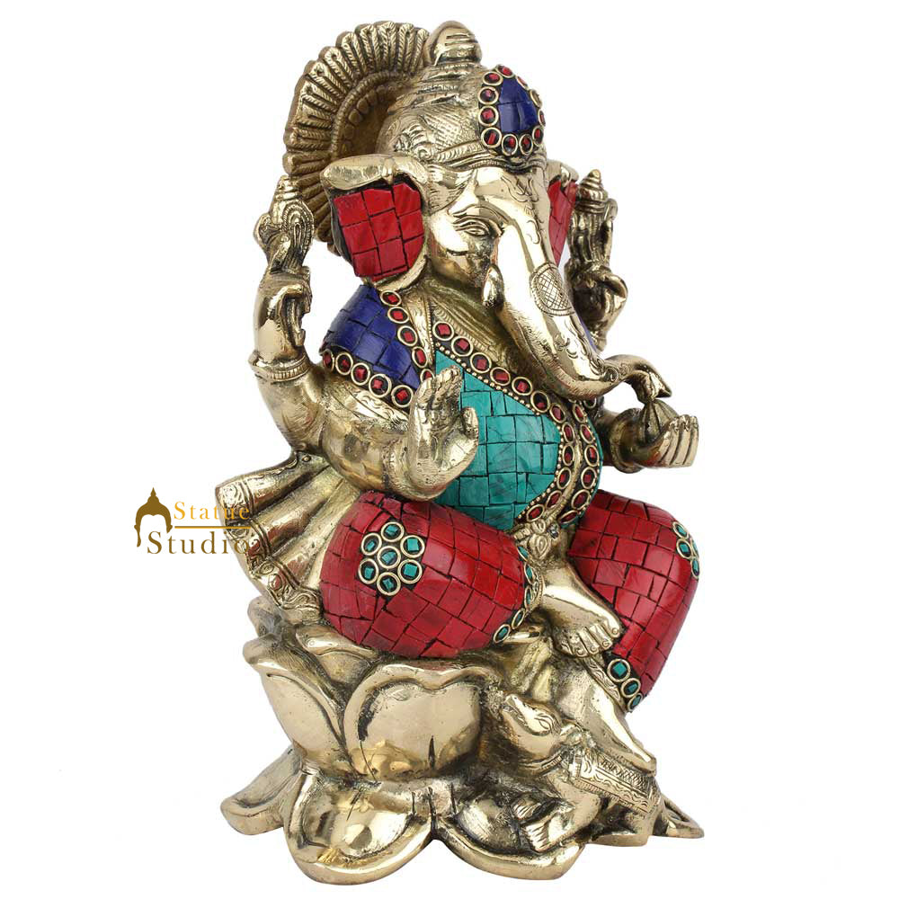 Brass Ganesh Hindu Ganpati Sculpture Fine Inlay Décor Lucky Gift Statue Idol 10" - Image 4