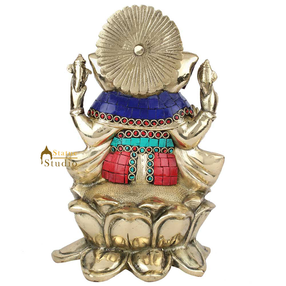 Brass Ganesh Hindu Ganpati Sculpture Fine Inlay Décor Lucky Gift Statue Idol 10" - Image 5