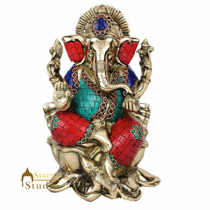 Brass Ganesh Hindu Ganpati Sculpture Fine Inlay Décor Lucky Gift Statue Idol 10" by vendor-unknown - Hindu Gods (View 3)