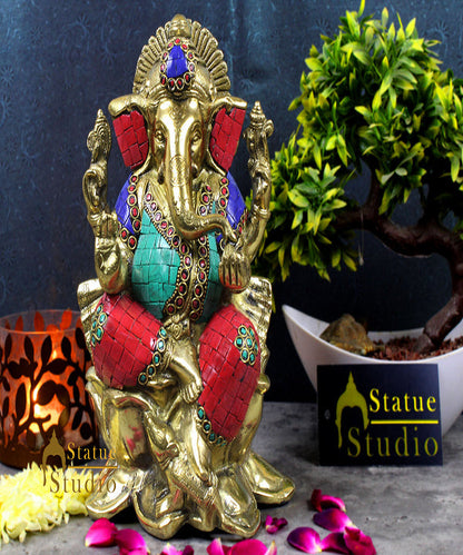 Brass Ganesh Hindu Ganpati Sculpture Fine Inlay Décor Lucky Gift Statue Idol 10" by vendor-unknown - Hindu Gods (View 2)