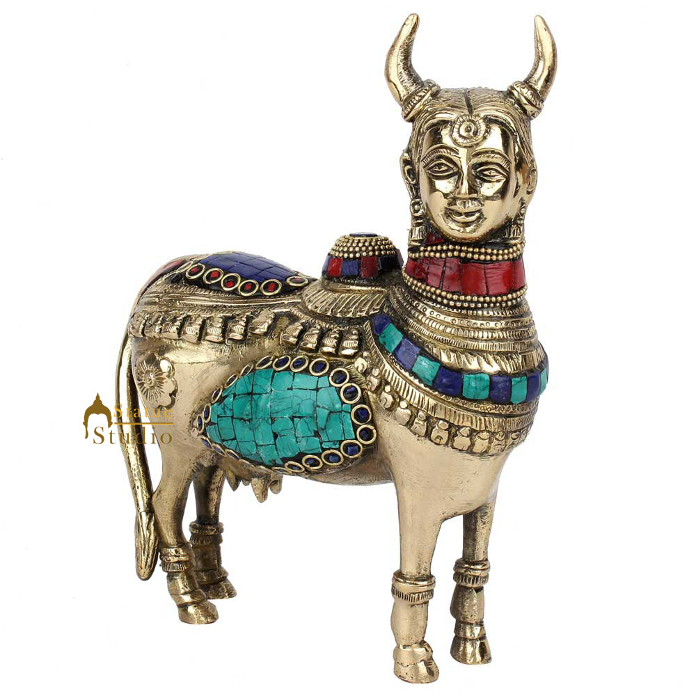 Indian Brass Hindu Lucky Feng Shui Vastu Pure Sacred Kamdhenu Cow Idol Statue 8"