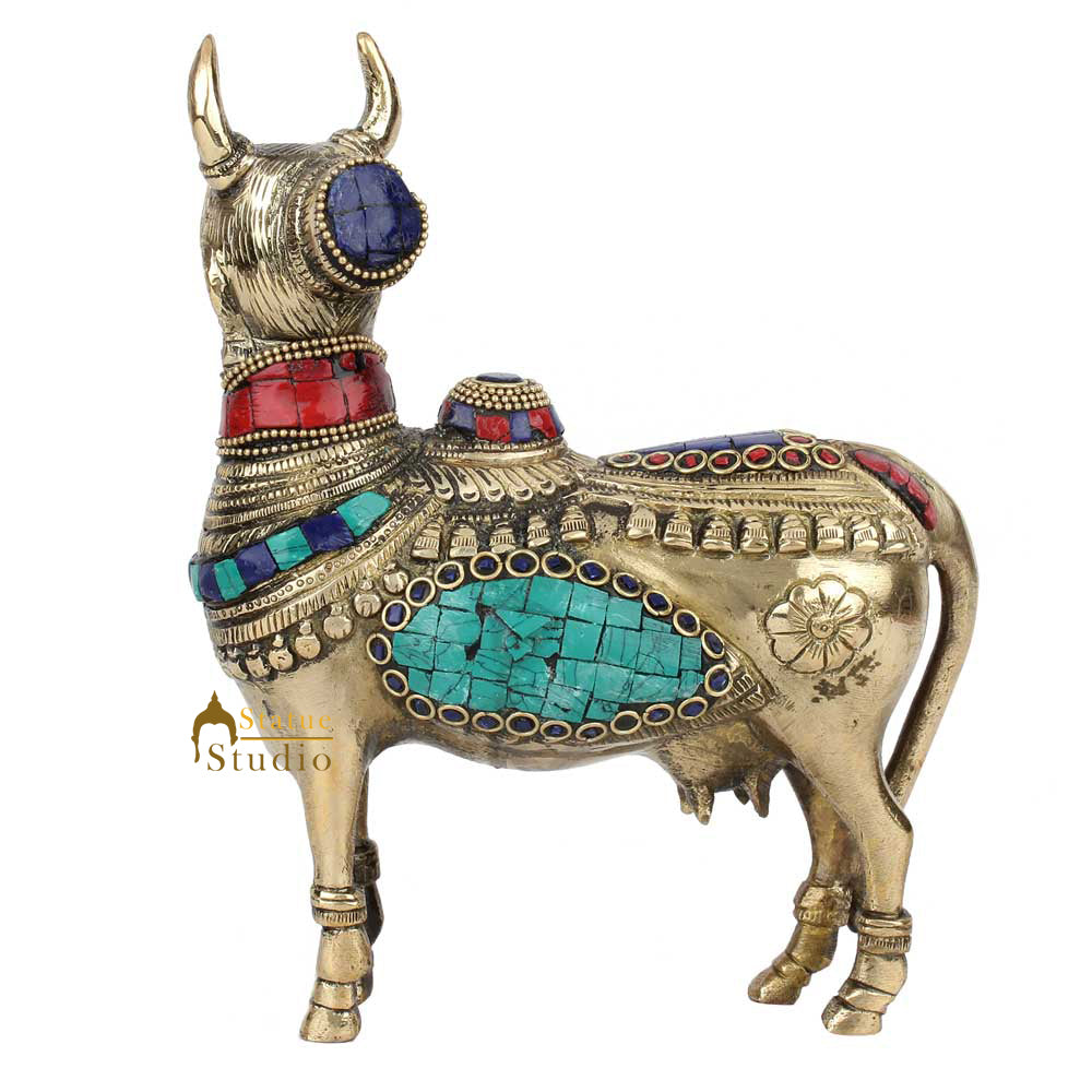Indian Brass Hindu Lucky Feng Shui Vastu Pure Sacred Kamdhenu Cow Idol Statue 8" - Image 4