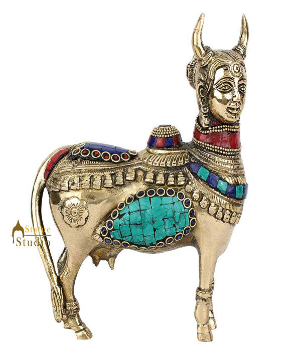 Indian Brass Hindu Lucky Feng Shui Vastu Pure Sacred Kamdhenu Cow Idol Statue 8" - Image 2