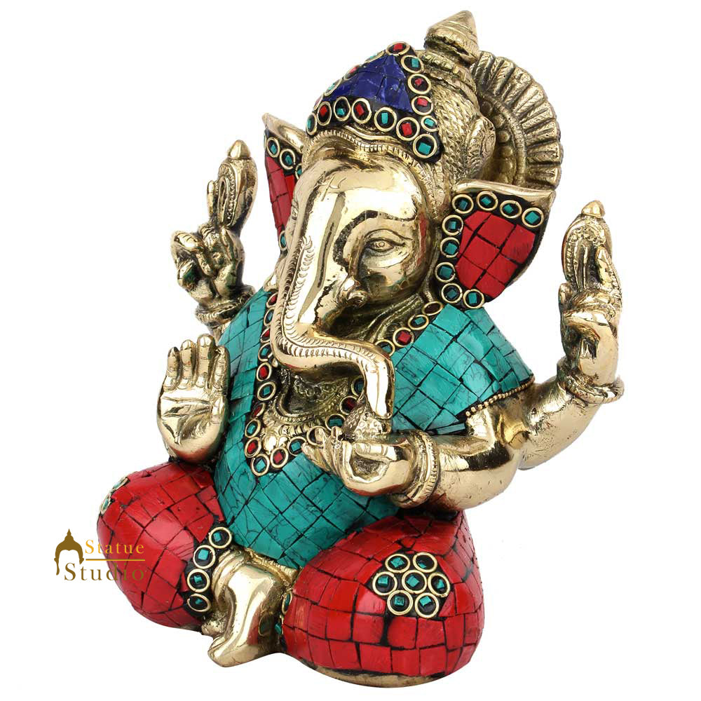 Indian God Ganpati Ganesha Wedding Diwali Corporate Gift Decor Inlay Statue 7" - Image 3