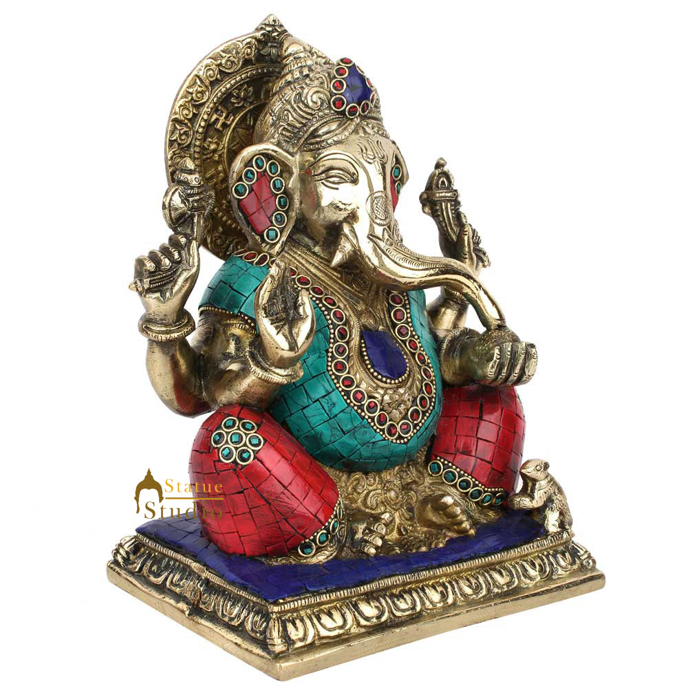 Indian Hinduism Lucky Ganpati Vinayak Lambodar Ganesh Idol Décor Inlay Statue 9" - Image 3