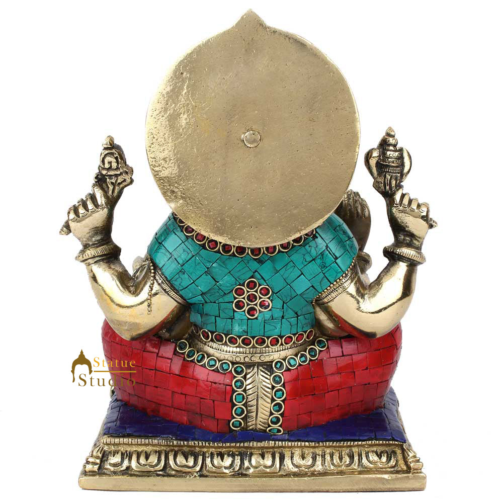 Indian Hinduism Lucky Ganpati Vinayak Lambodar Ganesh Idol Décor Inlay Statue 9" - Image 4