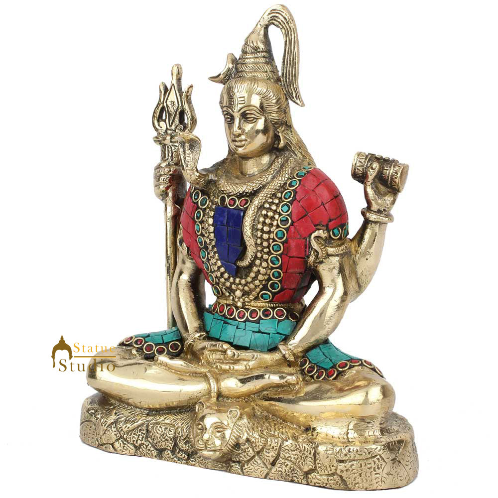 Brass Lord Meditating Shiva Statue With Stone Work 9 Inches - Image 3