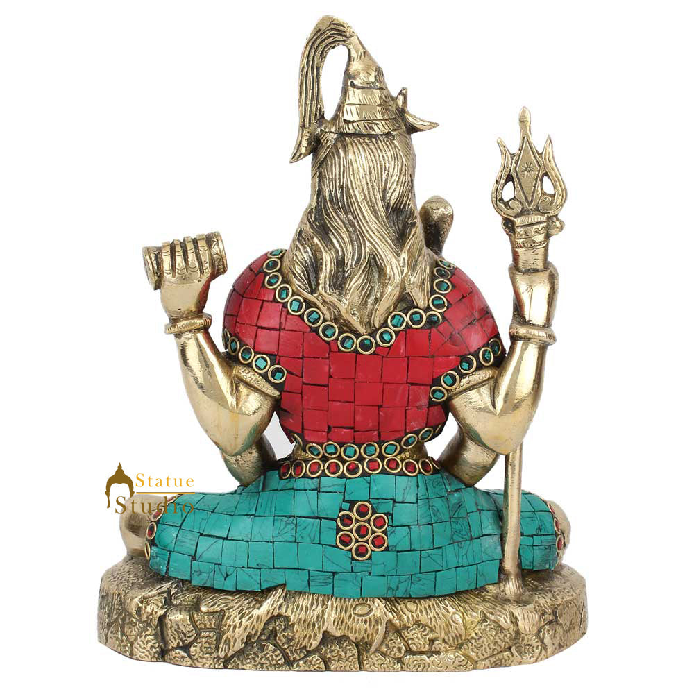 Brass Lord Meditating Shiva Statue With Stone Work 9 Inches