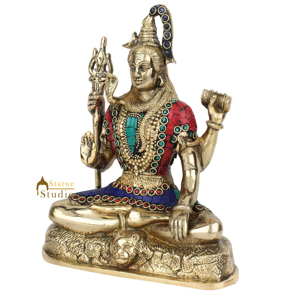 Brass Blessing Lord Shiv Shankar Idol Mahayogi Stone Work For Home Mandir Decor 9"