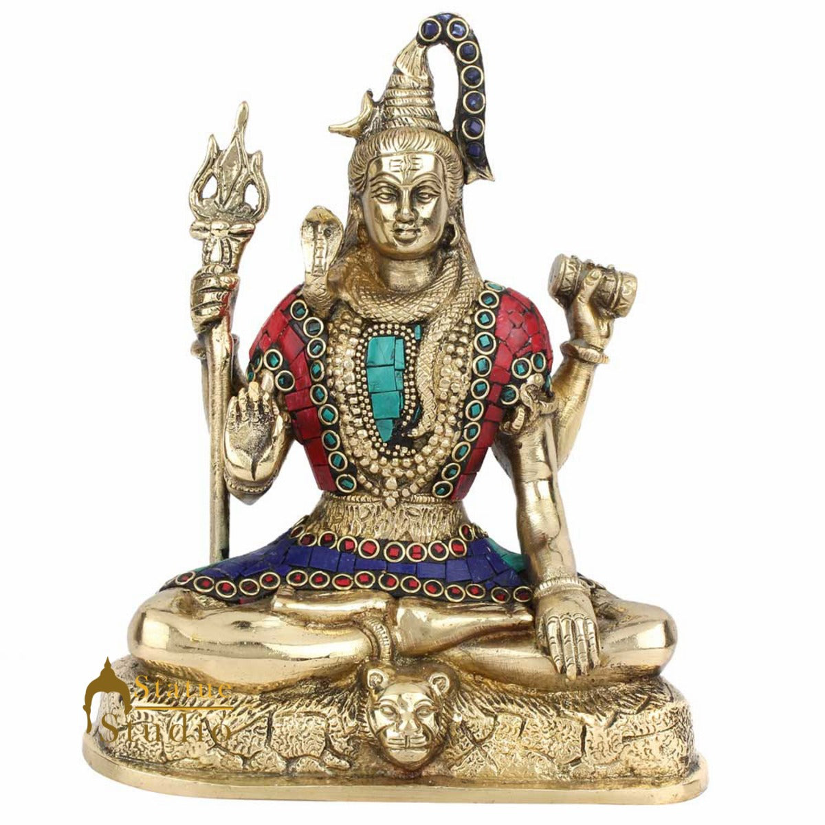 Brass Blessing Lord Shiv Shankar Idol Mahayogi Stone Work For Home Mandir Decor 9" - Image 3
