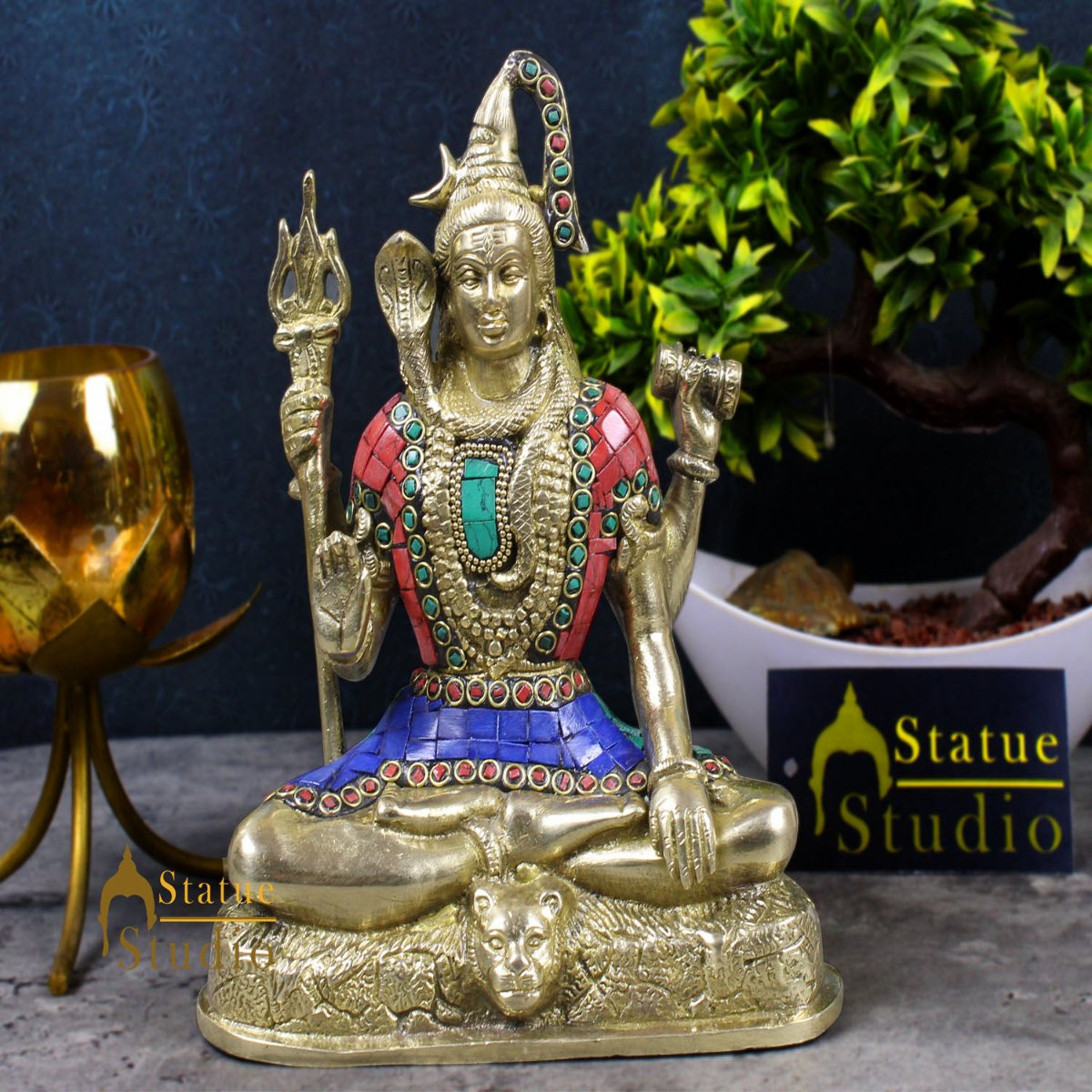 Brass Blessing Lord Shiv Shankar Idol Mahayogi Stone Work For Home Mandir Decor 9"